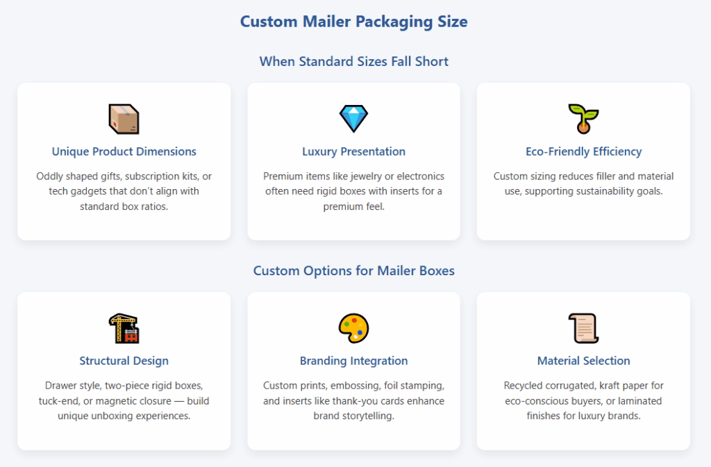 custom mailer packaging siez